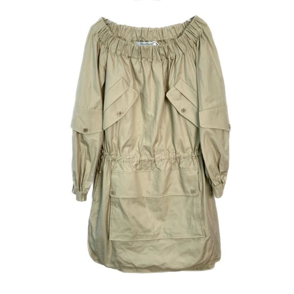 Max Mara Womens Twill Pleated Drawstring Dress With Patch Pockets Size 36 Khaki